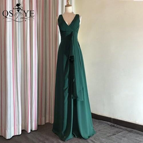 Emerald Green Prom Dresses V Neck Chiffon Evening Dress Open Back Party Gown Ribbon Formal Dress Empire Pleated Sleeveless Gown