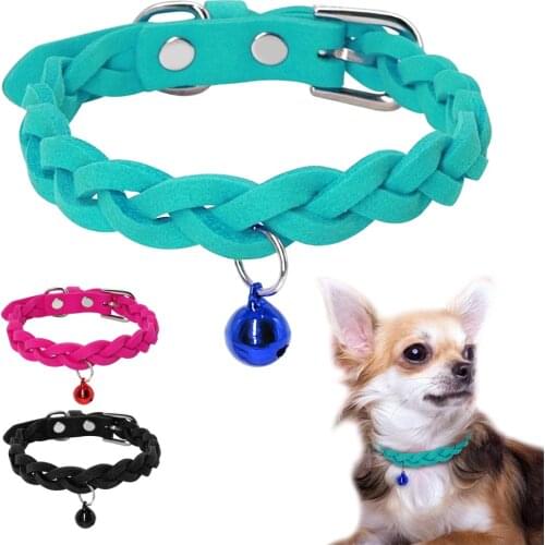 5pcs Suede Leather Small Dog Cat Collar Adjustable Pet Puppy Kitten Bell Collars For Chihuahua Yorkshire Teddy Pink XS S M