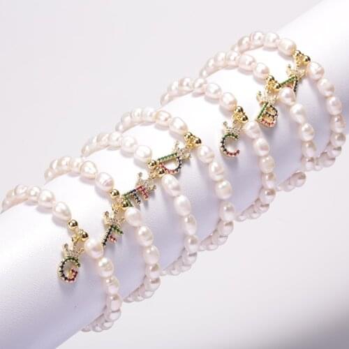 A-Z Letter Bracelet Mixed CZ 26 Initials Pendant Natural Freshwater Pearl Beaded Charms Bangle For Women Wedding Birthday Gift