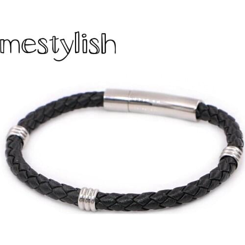 Nappa Genuine Cow Leather Titanium Steel Tube Bracelets Personality Gift Bangle Wristband Charm Bracelets For Male Hand Cuff