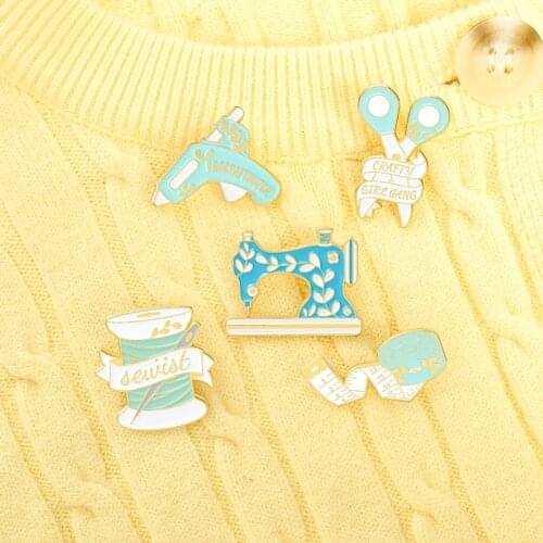 Female Worker Sewing Enamel Pins Scissors Machine Tape Measure Glue Gun Brooch Lapel Badge Bag For Women Cartoon Jewelry Gifts