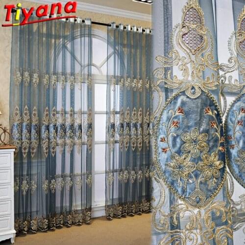 European Luxury Embroidered Tulle Curtains for Living Room Blue Velvet Semi-Blackout Window Screens for Bedroom *VT