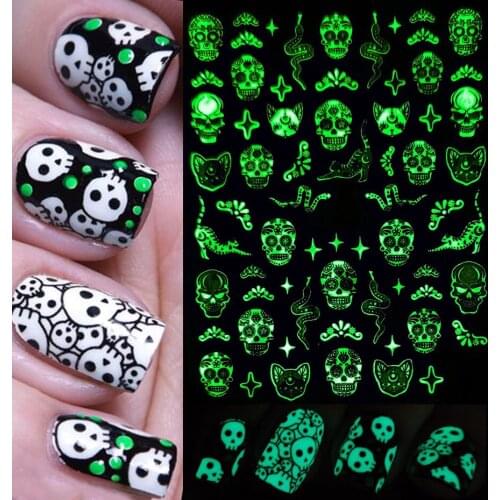Fluorescence Halloween Nail Sticker Spider Web Skull Snake Glowing in the Dark Christmas Luminous 3D Adhesive Slider SACY046-054