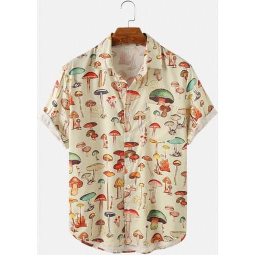 Fashion Beach Hawaiian Shirt Mens Casual Cartoon Style Mushroom Beach Coconut Tree Printed Short Sleeve Shirt Mens Shirt Tops