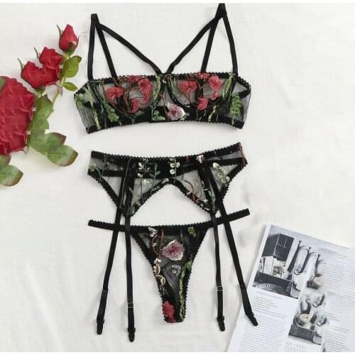 Flower Embroidery Exotic Underwear Set Women Lingerie Transparent Lace Mesh Bra Thong Garter 3PCS Sets Sexy Nightwear Lenceria