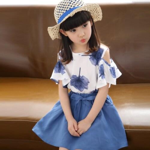 Girls Summer Skirt Childrens Clothing Brand Girl Maple Print Top + Bow Tie Skirt 2PC Childrens Party Set 4-14ages Kids Clothes