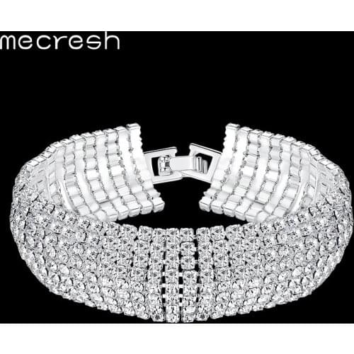 Mecresh European Simple Rhinestone Bridal Bracelets for Women Clear 8 Row Ladies Party Pulseras Classic Wedding Jewelry MSL341-8