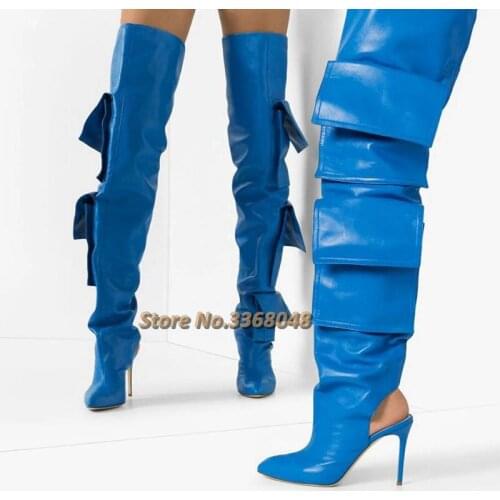 Leather Blue Multi-purse Decor Runway Boots Over The Knee Pointed Toe Open Heel Slip On Loose Fashion Custom Stylish Boots