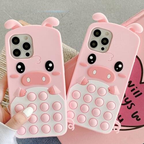 Stress Reliever Bubble Cute Pink Pig Toys Phone Case For IPhone 12 7 8 Plus 11 Pro Max XR X XS Max Pop Gift Soft Silicone Shell