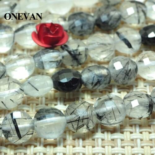 ONEVAN Natural Black Rutilated Quartz Faceted Flat Round Stone Beads Bracelet Necklace Jewelry Making Diy Accessories Design
