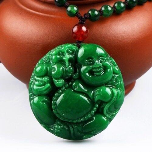 Natural Green Emerald Jade Maitreya Buddha Pendant Necklace Fashion Accessories Charm Jewelry Carved Amulet Gifts for Women Men