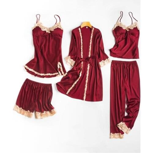 Night Suits Sleepwear Homewear Pyjama Sexy 5 Pieces Womens Satin Solid Pijama Sets Pajamas with Pads