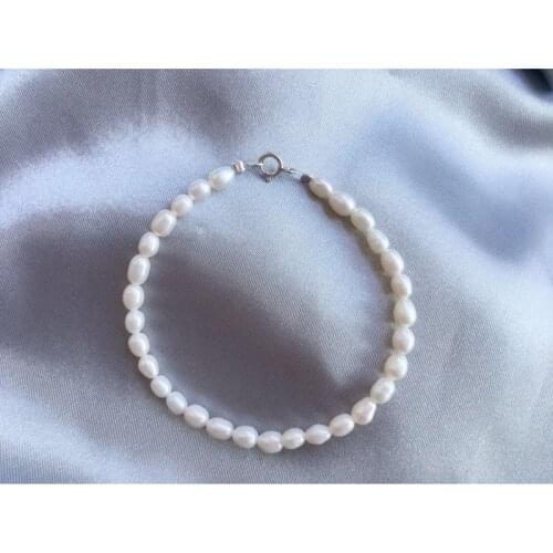 New Natural Freshwater white Pearl 5-6MM Rice shape Pearl Bracelet 925 sterling silver clasp