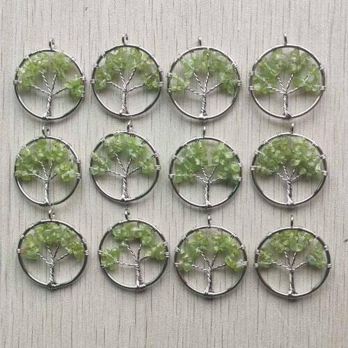 Wholesale 12pcs/lot fashion natural olivine stone Tree of life handmade wire wrapped Pendants for jewelry marking free shipping