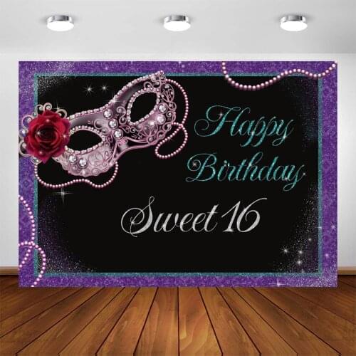 Sweet 16th Birthday Backdrop Party Decoration Girls Sixteen Mask Masquerade Purple Dress Up Dance Background for Photography