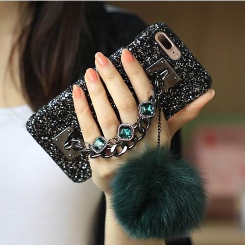 Luxury Diamond Bracelet Chain Fox Fur Ball Case Cover For iPhone 11 12 Pro 7 8 Plus X XR XS Max For Samsung S 10 Note 9 20 Ultra