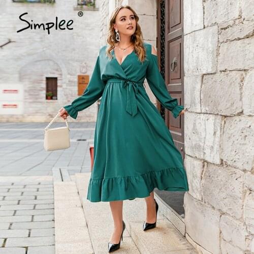 Simplee Elegant plus size cold shoulder v-neck ruffle women party dress Holiday lace up green beach dresses A-line maxi vestidos