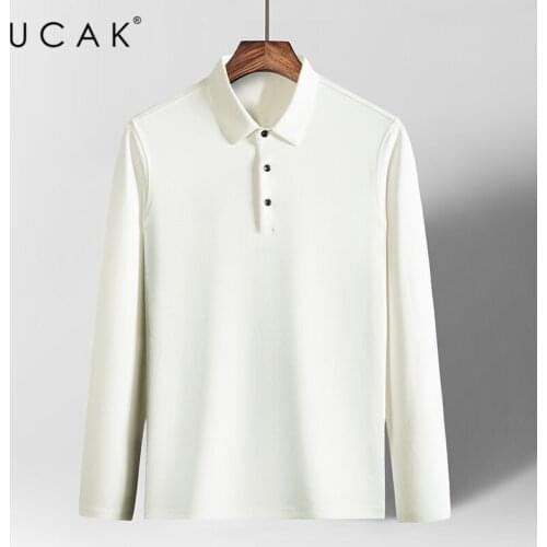 UCAK Brand Solid Color Casual Cashmere T Shirt Men Clothes Spring Autumn New Classic Streetwear Turn-down Collar Tshirt U5298