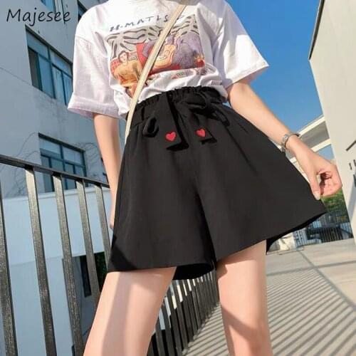 Shorts-skirts Women Heart Embroidery Drawstring Korean Style Vintage Loose Slim Soft Sweet Lovely Female Shorts Summer Tender