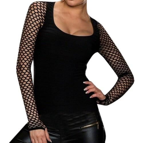 Women Slim Low Cut Long Sleeve Net Tops Punk Rock Gothic Fishnet Shirt рубашка женская 2021 Tshirt Clothes