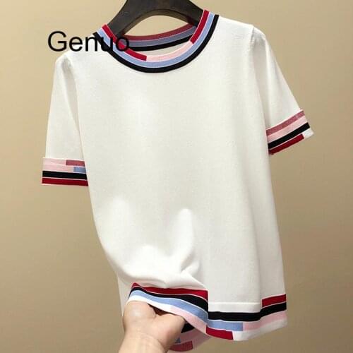 Knitted T Shirt Colorful Striped Women O-neck Short Sleeve Loose Tops Ice Silk Patchwork Tee Shirt Femme 2020 Summer New Arrival