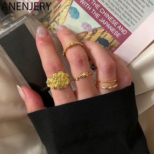 ANENJERY 925 Sterling Silver Irregular Lava pattern Rings For Women Creative Combination Rings French Retro Accessories
