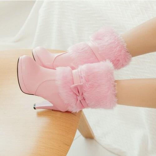 2020 new Winter Fashion Womens Warm Fur High-heeled Boots Pink White Black Bowtie Lovely Lolita Ladies Party Wedding Shoes 33-43