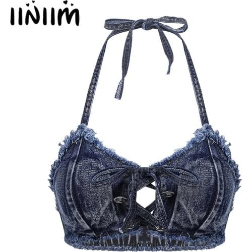 Sexy Halter Denim Bikini Bra Women Tank Crop Tops Vest Summer Sleeveless Backless Lace-Up Bustier Clothing Rave Party Clubwear