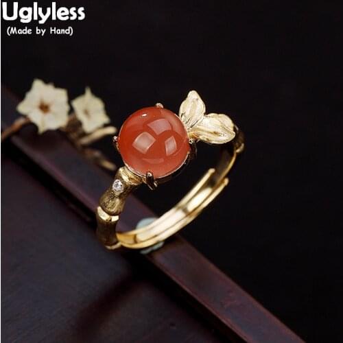 Uglyless 100% Real 925 Sterling Silver Handmade Leaf Rings for Women Agate Fine Jewelry Gold Plated Jade Finger Ring Gemstones
