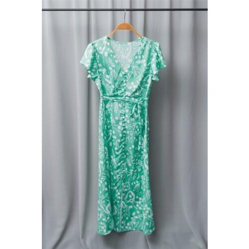 Abstract Print Mid-calf Dress Women Green Slit V-neck Single Breasted High Waist 2021 New Robe