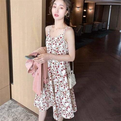 Womens dress womens floral floral strap sexy dress womens new spring and summer imitation ice silk Korean version of the long
