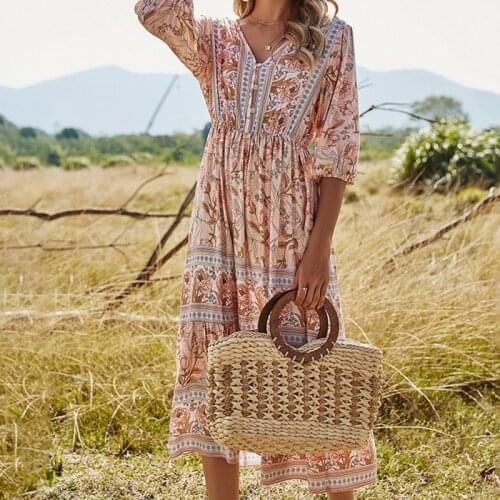 Bohemian Floral Printed Dress Lantern Sleeve Fashion Casual V-neck Dresses 2021 Summer Elegant High Waist Button Women Dress