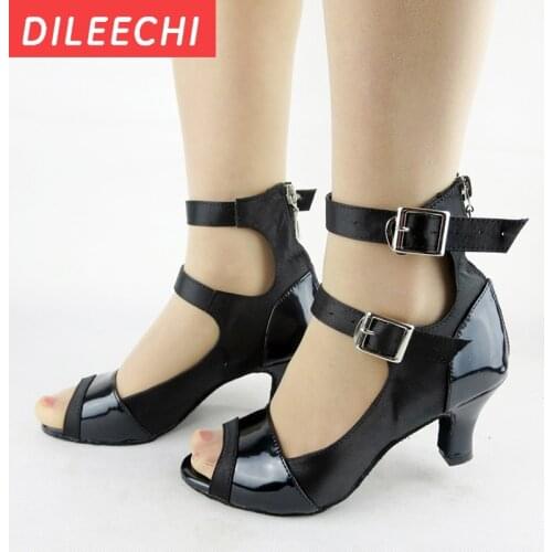 DILEECHI The new high Quality womens Black skin Latin dance shoes Ballroom dancing shoes Party Square dance shoes