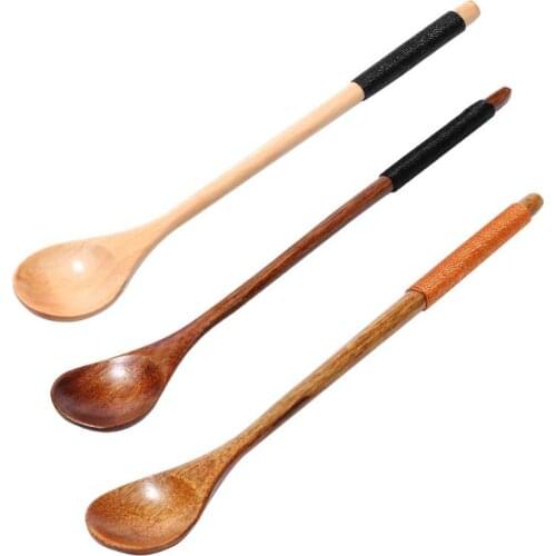 Long Spoons Wooden Korean Style Natural Wood Long Handle Round Spoons for Soup Cooking Mixing Stirr