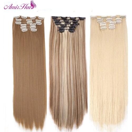 Amir Long Straight Clip in Hair Extensions 22Inch For White Or Black Women Synthetic False Hair Pieces Ombre Natural Dark Brown
