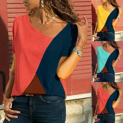 Fashion Womens Color O-neck Work Shirts Casual Short-sleeved Patchwork Top T-shirt Summer Popular Ladies Loose Homewear Blouses
