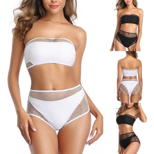 Hot kf-Womens 4-Piece Sexy Mesh High Waist Tube Top Bikini Suit Swimsuit