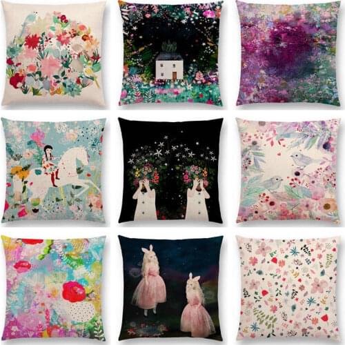 Hot Sale Lovely Girl Flowers Leaf Tree Floral Pattern Dreamy Garden Fantasy Night Cat Deer Bird Cat Cushion Sofa Throw Pillow