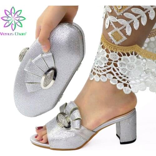 Silver Color Italian Shoes and Bags To Match Shoes with Bag Set Decorated with Rhinestone Designer Luxury Shoes Women 2021