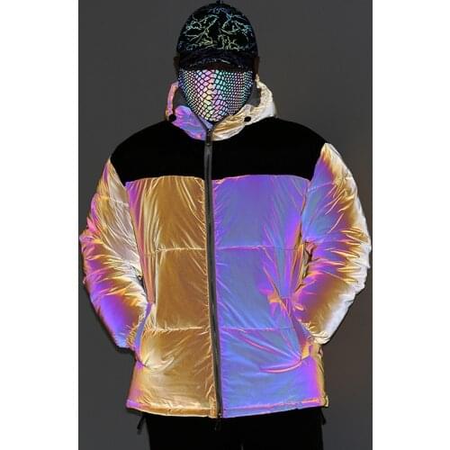 Rainbow Reflective Parkas Men Winter New Yellow Black Patchwork Hooded Jacket Warm Slim Cotton Clothes Male Streetwear