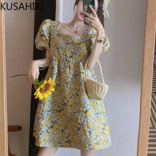 KUSAHIKI Spring 2021 New Floral Sweet Dresses Puff Short Sleeve Square Collar Women Dress Korean High Waist Vestido Femme 6E897
