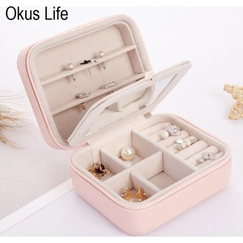 Small Simple European Creative Jewelry Storage Box Mirror Multi-storey Portable Travel Zipper Jewelry Box Leather Earrings Box