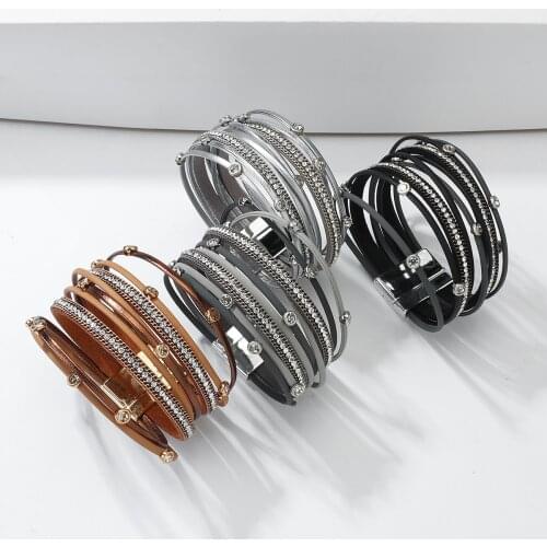 Amorcome Multilayer Rhinestone Slim Leather Bracelets for Women Fashion Simple Wrap Bracelet Bangle Jewelry Gifts Pulseras Mujer