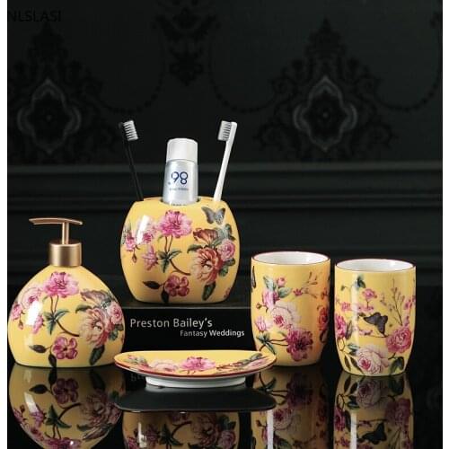 Five Piece Set Chinese Style Floral Print Ceramic Bathroom Accessories Set Soap Dispenser Toothbrush Holder Soap Dish Gargle Cup