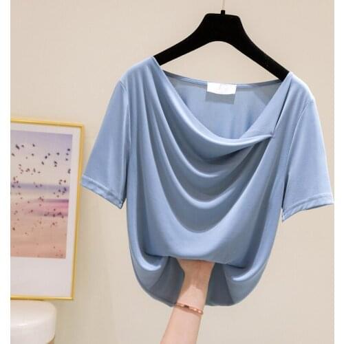 2021 Summer New Loose Cupro Short-sleeved Irregular Beckline T-shirt Female Design Sense Niche Temperament Ice Silk Mask Top