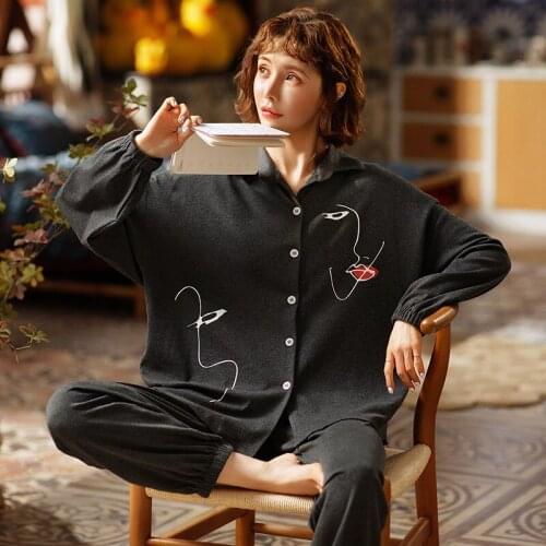 2020 Spring and Autumn New Style Pure Cotton Pajamas Women Long Sleeve Trousers Cardigan Korean-style Simple Outer Wear Clothing