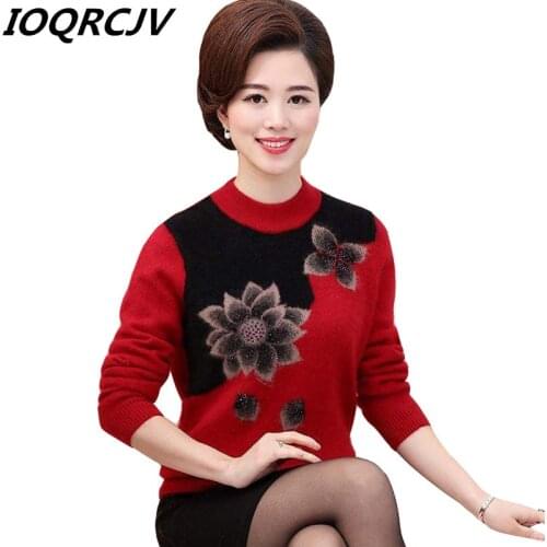 New Autumn Warm Pullovers Sweater Middle-Aged Women Flower Printed Long Sleeve Sweaters Female O-neck Wool Sweater Knit shirt