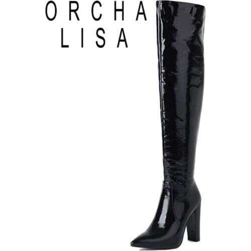 ORCHALISA 2021 Over The Knee Boots Sexy Candy Color Zip Pointed Toe Party Short Plush Block Heel Black Blue Green Yellow A4498