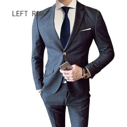 Jacket + Pants ) Fashion Boutique Plaid Formal Business Mens Slim Suit 2 Pcs Set Groom Wedding Dress Blazer And Pant