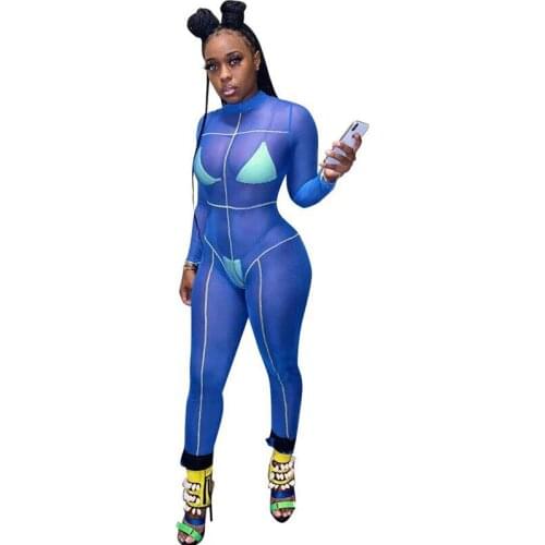 Sexy Mesh Sheer Jumpsuit for Women Striped Patchwork Festival Clothing Long Sleeve See-through Bodycon Overalls Club Rompers